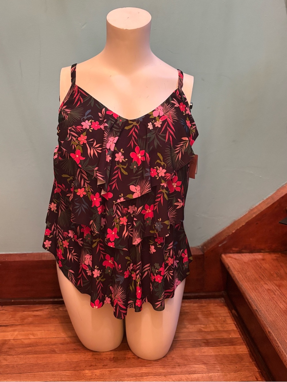 shade andlShoreBlack Floral Ruffle Cami with Pink Accents swim top